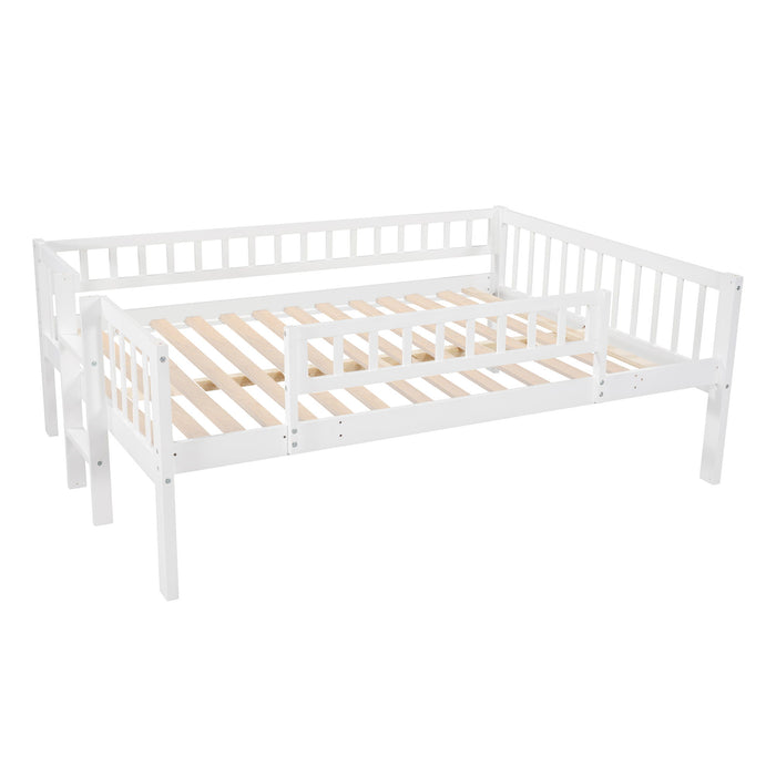 Full Over Full Over Full Triple Bed With Built-In Ladder And Slide, Triple Bunk Bed With Guardrails - White