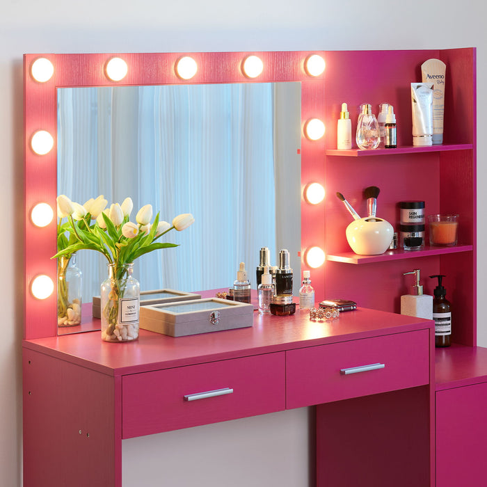 Vanity Desk With Mirror And Lights, 46.4In Dressing Table With 2 Large Drawer & Large Vertical Organizer, 3 Level Dresser & 3 Lighting Modes Adjustable Brightness, Suitable For Bedroom