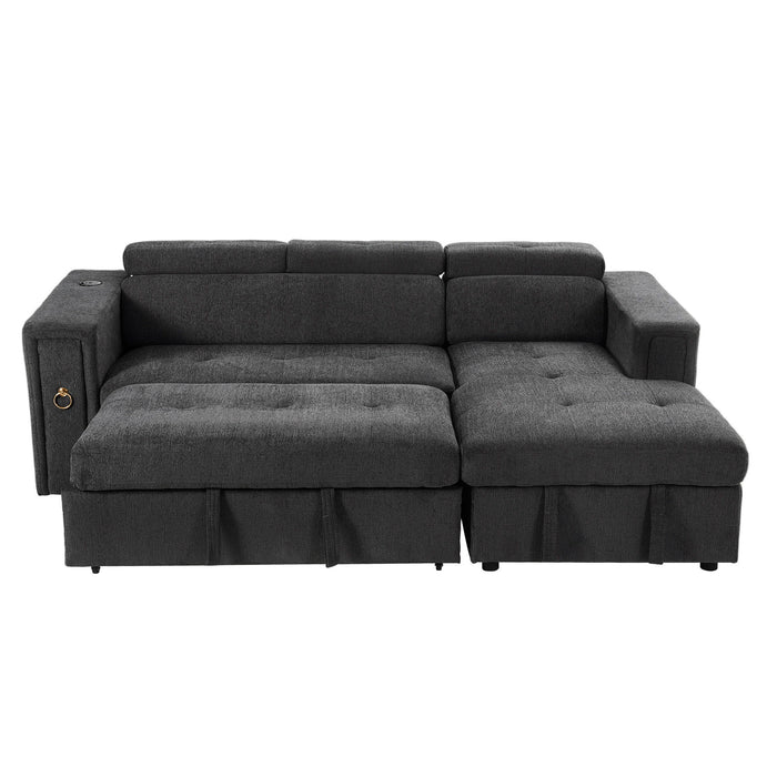 Multi-Functional Pull-Out Sofa Bed L-Shape Sectional Sofa With Adjustable Headrest, Wireless Charging, Cup Holders And Hidden Storage For Living Room