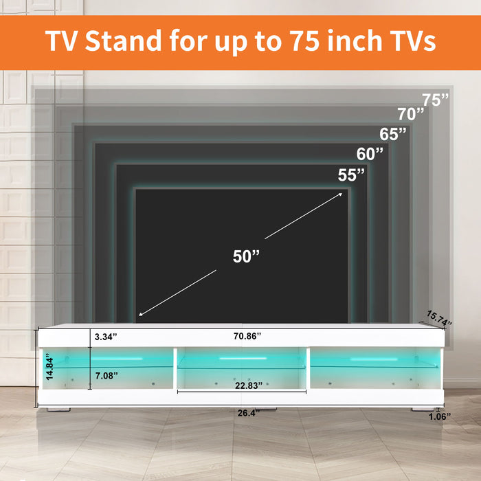 Modern LED TV Stand, Entertainment Center With Storage And Glass Shelves, TV Cabinet Table For Living Room - White