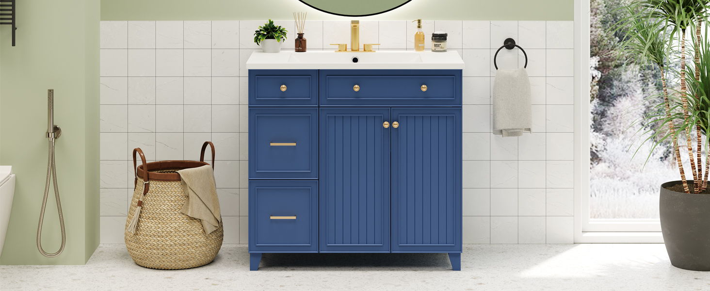 Bathroom Vanity, Transitional Style Bathroom Cabinet With Resin Sink, Single Bathroom Cabinet, With 2 Drawers And 1 Adjustable Storage Shelf, 2 Soft-Close Doors