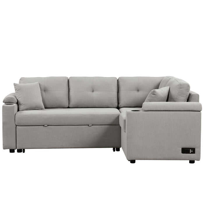 L-Shape Sofa Bed Pull-Out Sleeper Sofa With Wheels, USB Ports, Power Sockets For Living Room