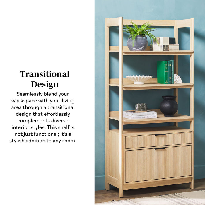 Transitional Wide Reeded Bookshelf With Drawers On Bottom - Oak