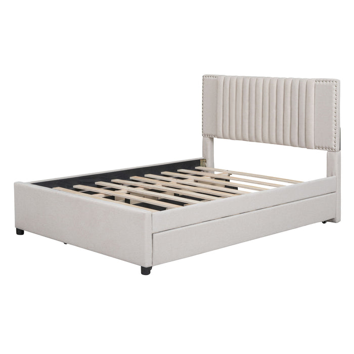 Upholstered Platform Bed With 2 Drawers And 1 Trundle, Classic Headboard Design