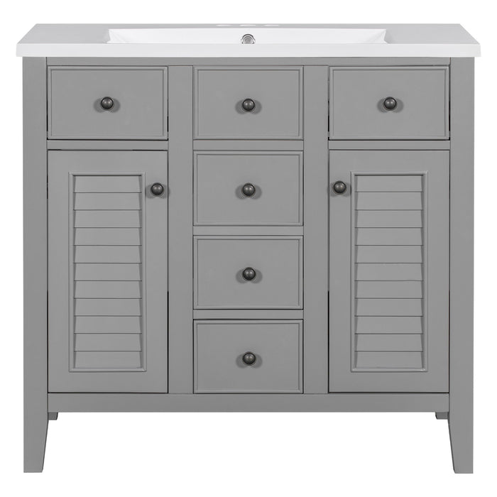 Bathroom Vanity With Ceramic Basin, Two Cabinets And Five Drawers, Solid Wood Frame, Gray