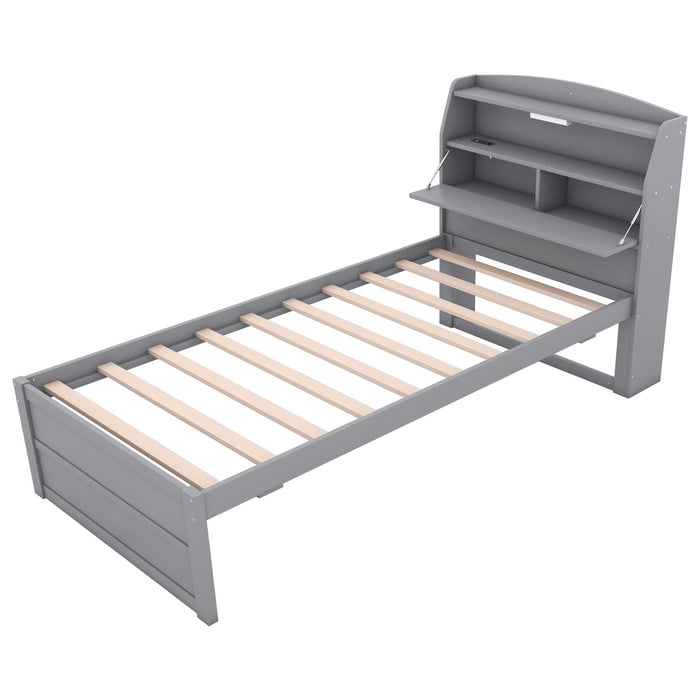 Wooden LED Platform Bed With Trundle, With Storage Headboard, With Drawers