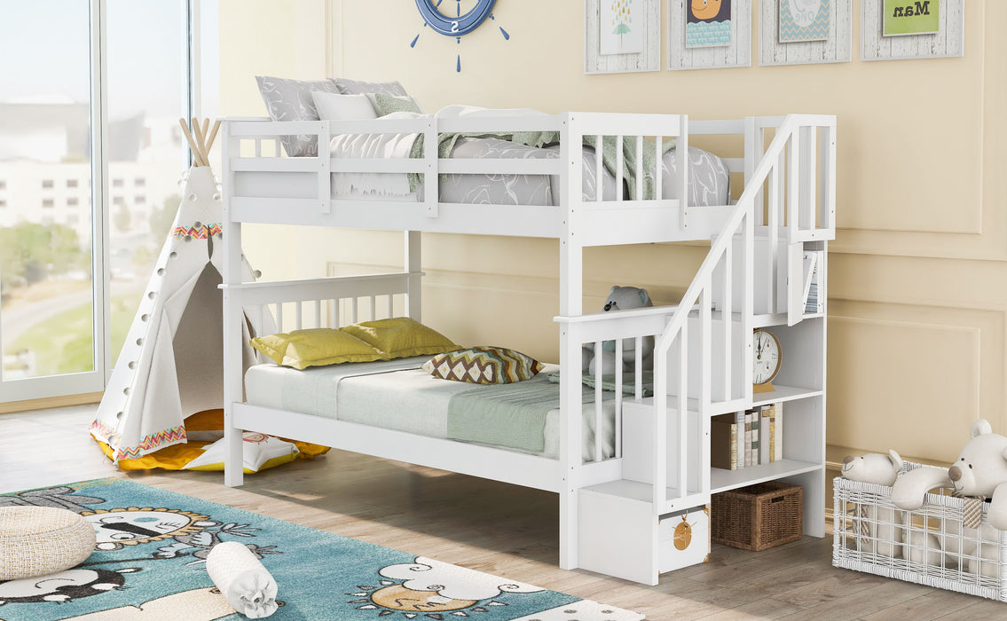 Stairway Bunk Bed With Storage And Guard Rail For Bedroom, Dorm