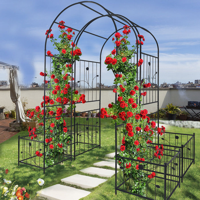 Metal Garden Arch With Two Plant Stands Wide High Climbing Plants Support Rose Arch Outdoor - Black