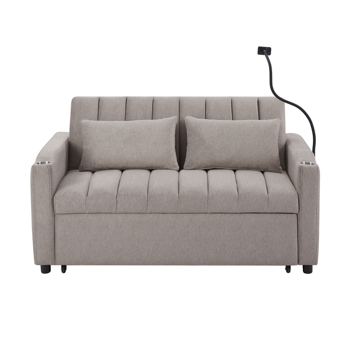 Convertible Sofa Bed Loveseat Sofa With Three USB Ports, Two Side Pockets, Two Cup Holders And 360° swivel Phone Holder For Living Room