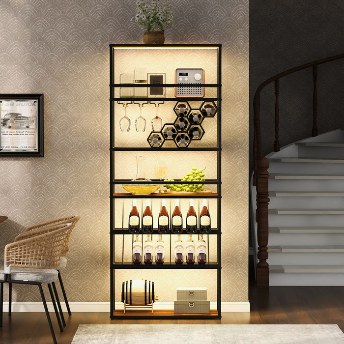 LED Tall Wine Rack Freestanding Floor, 7 Tier Wine Baker Rack With Glass Holder & Wine Storage, Industrial Wine Display Shelf Wine Bar Cabinet For Bar, Kitchen, Dining Room