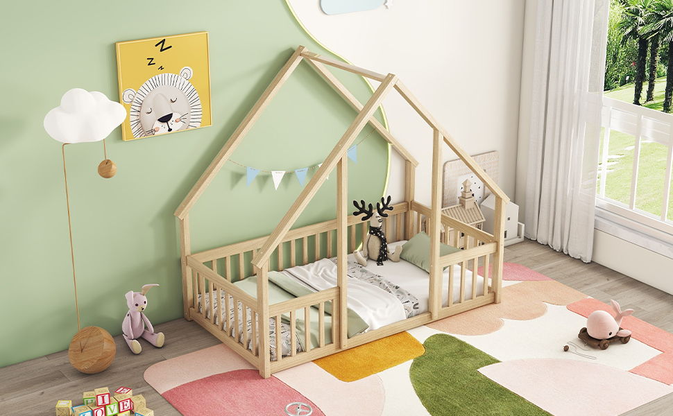 Wood House-Shaped Floor Bed With Fence, Guardrails