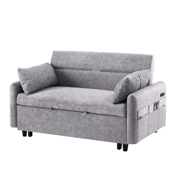 Pull Out Sleep Sofa Bed Loveseats Sofa Couch With Adjsutable Backrest, Storage Pockets, 2 Soft Pillows, USB Ports For Living Room