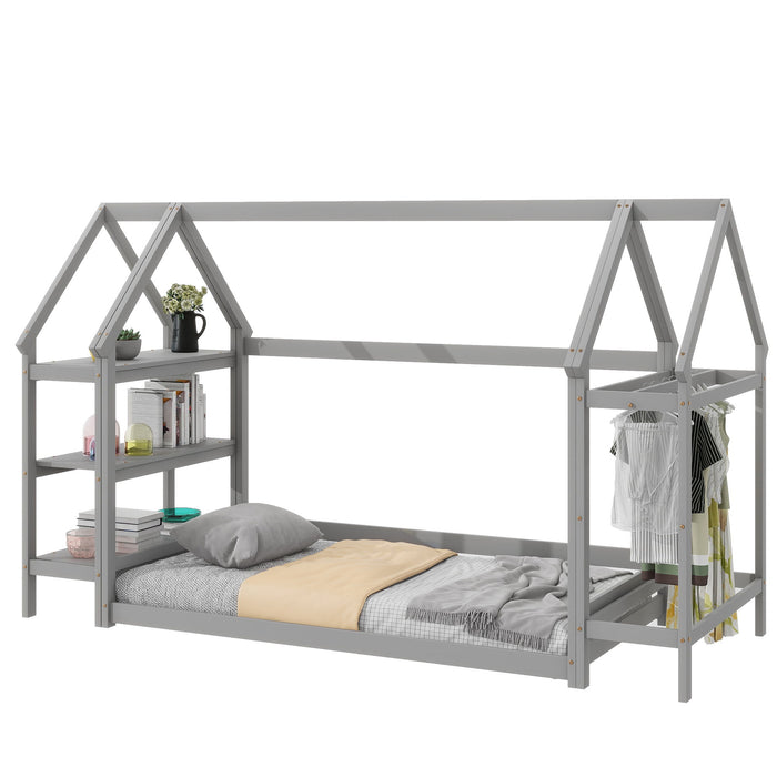 Wood House Bed With Storage Shelf And Hanger, Kids Bedroom Set