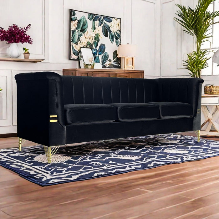 Fx-P82-Bk (Sofa) Modern Sofa Couches For Living Room, Velvet Tight Back Chesterfield Design Couch Upholstered Sofa With Metal Legs Decor Furniture For Bedroom - Black