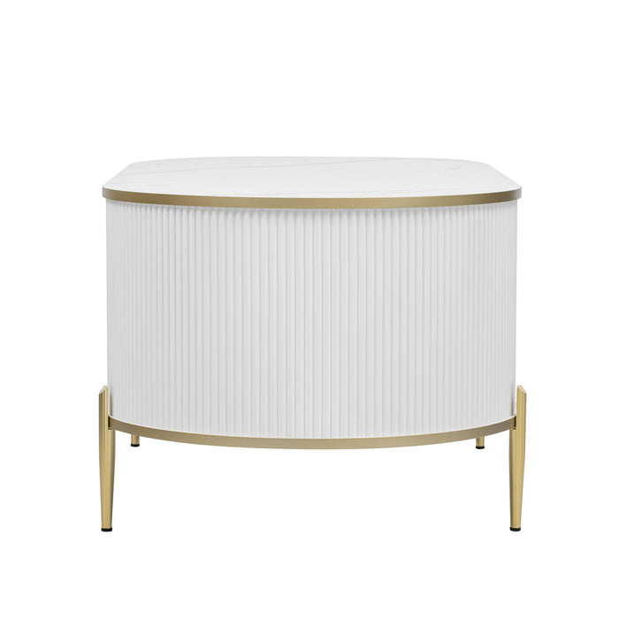 Modern Luxury Oval Shaped Fluted Coffee Table, Marble - Patterned Top Coffee Table With 2 Cabinets, Metal Legs And Handles For Living Room