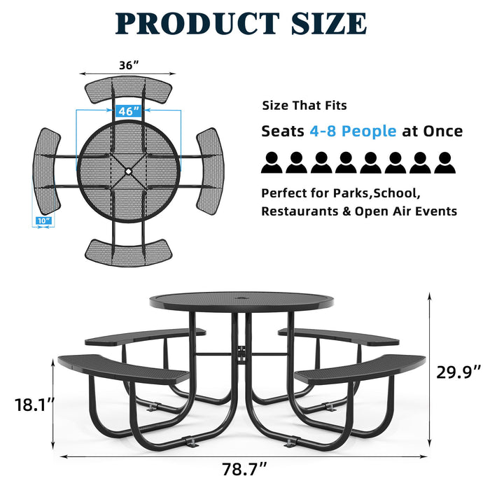 Round Outdoor Steel Picnic Table With Umbrella Pole - Black