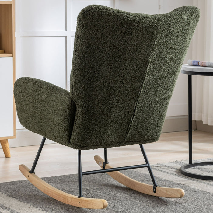 30.3" Rocking Chair With Pocket, Soft Teddy Fabric Rocking Chair For Nursery, Comfy Wingback Glider Rocker With Safe Solid Wood Base For Living Room Bedroom Balcony - Dark Green