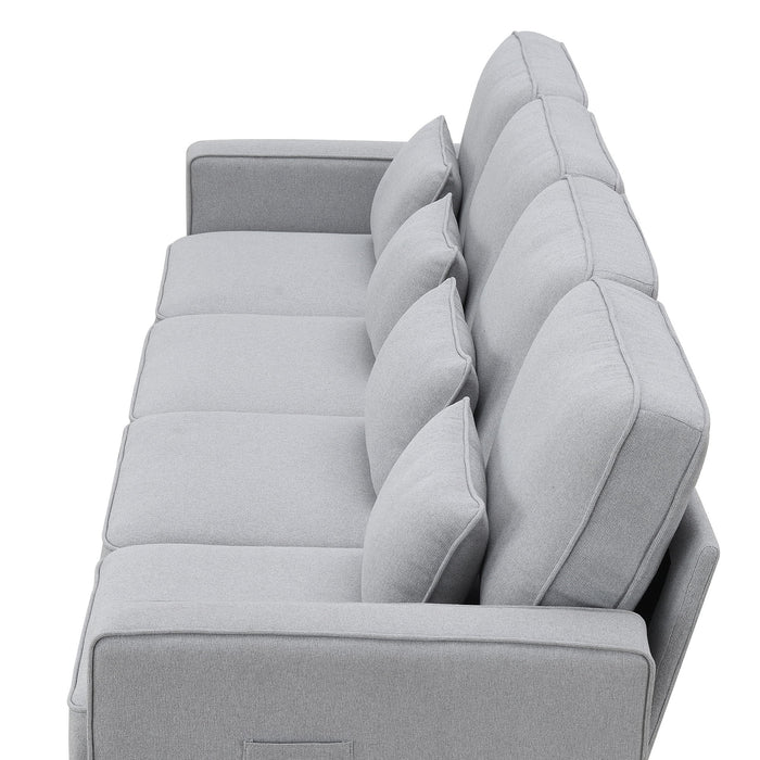 4 Seater Modern Linen Sofa With Armrest Pockets And 4 Pillows, Minimalist Style Couch For Living Room