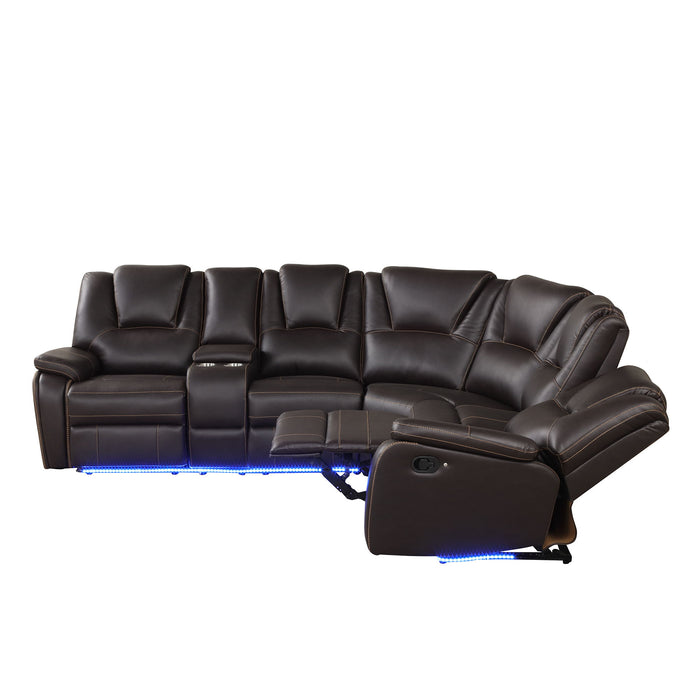 Modern Faux Leather Manual Reclining With Center Console And LED Light Strip, Living Room Furniture Set, PU Symmetrical Couch With 2 Cup Holders And Storage For Living Room