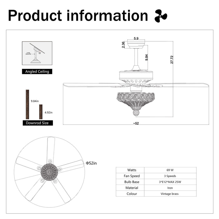 Classical Crystal Ceiling Fan Lamp, 3 Speed, 5 Reversible Blades For Living Room, Dining Room, Bedroom, Family Room, 3 Pieces*E12 (No Include Bulb, Hand Pull Chain) - Rustic Bronze