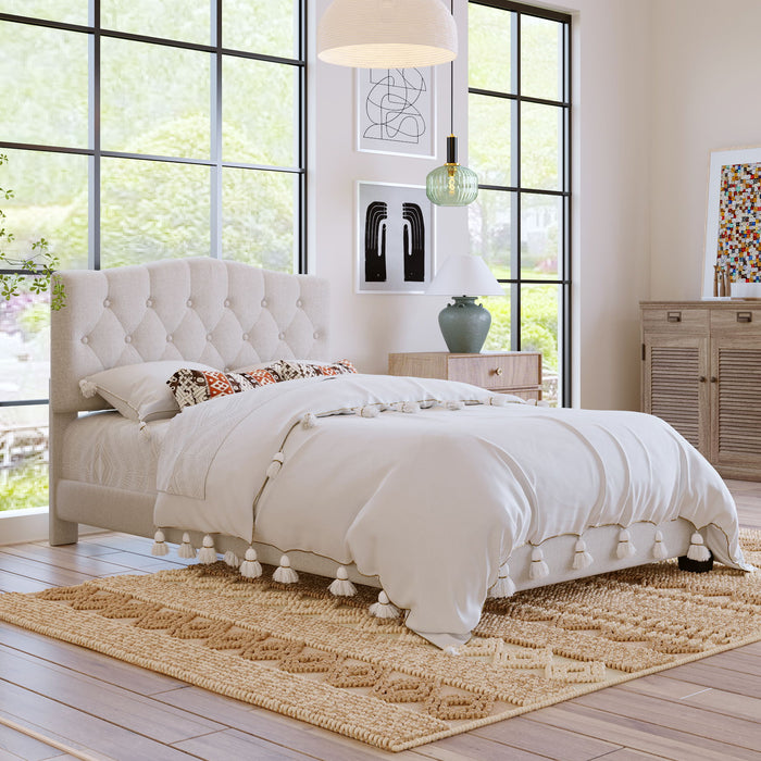 Full Upholstered Platform Bed With Saddle Curved Headboard And Diamond Tufted Details - Beige