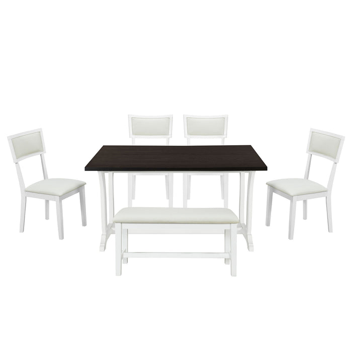 Topmax - 6 Piece Farmhouse Trestle Dining Table Set With Upholstered Dining Chairs And Bench - White