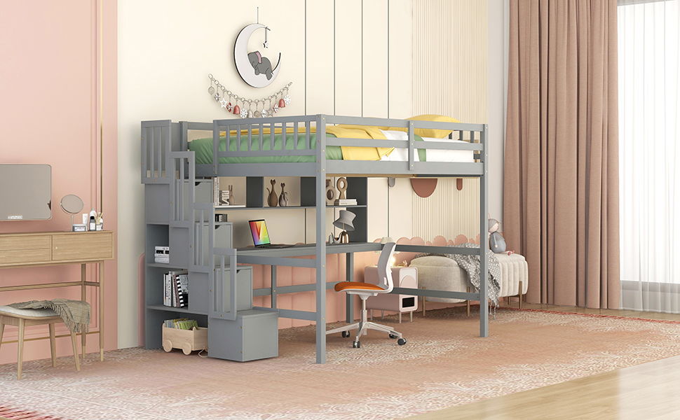 High Loft Bed With Built-In Desk, Ladder Platform, Ladders, Guardrails