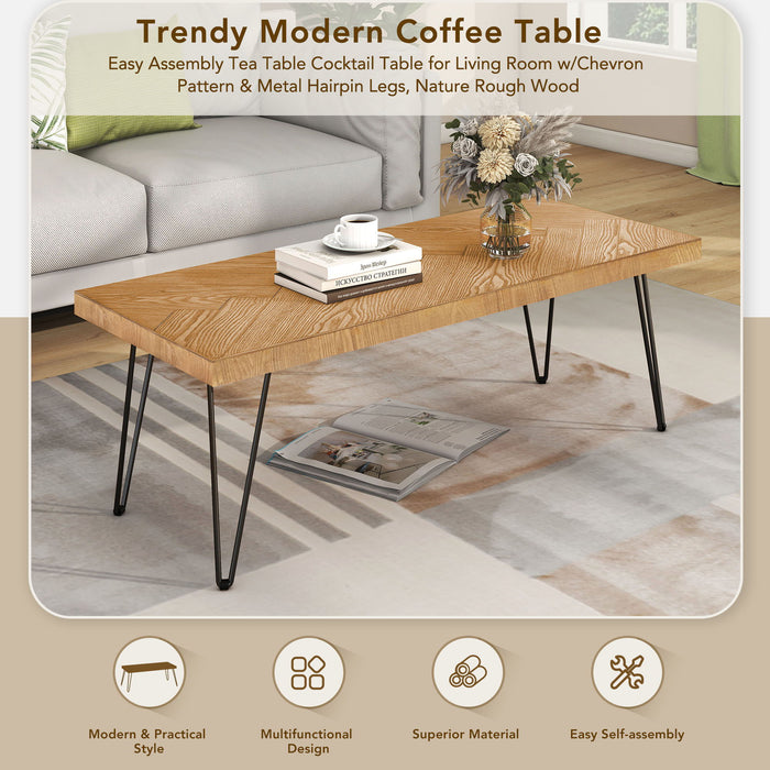 Modern Coffee Table Tea Table, Thicken Cocktail Table With With Chevron Pattern & Metal Hairpin Legs For Living Room - Natural