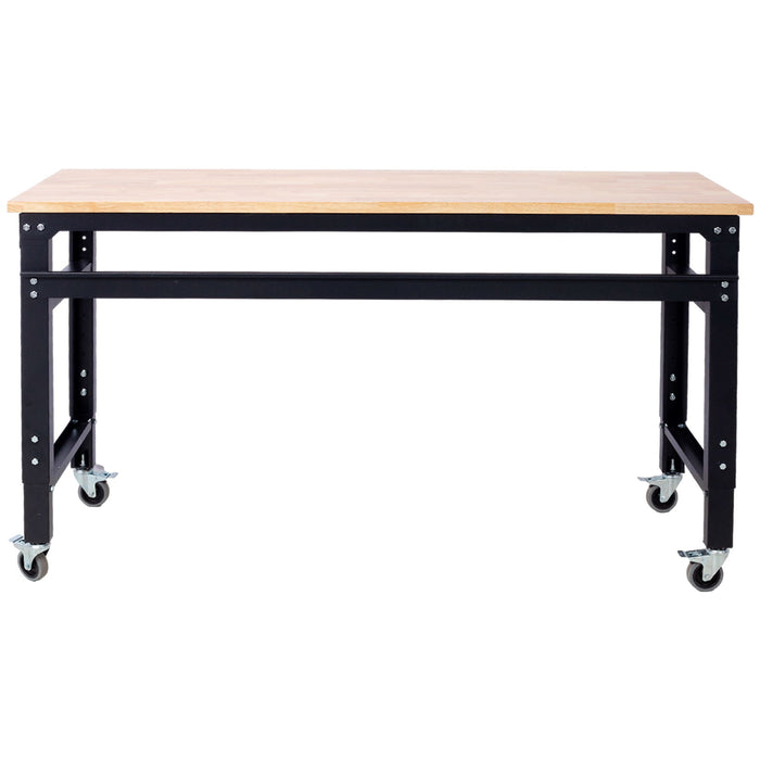 Wide Rolling Workbench For Garage, Adjustable Height, Workshop Tool Bench, Metal With Rubber Wood Top