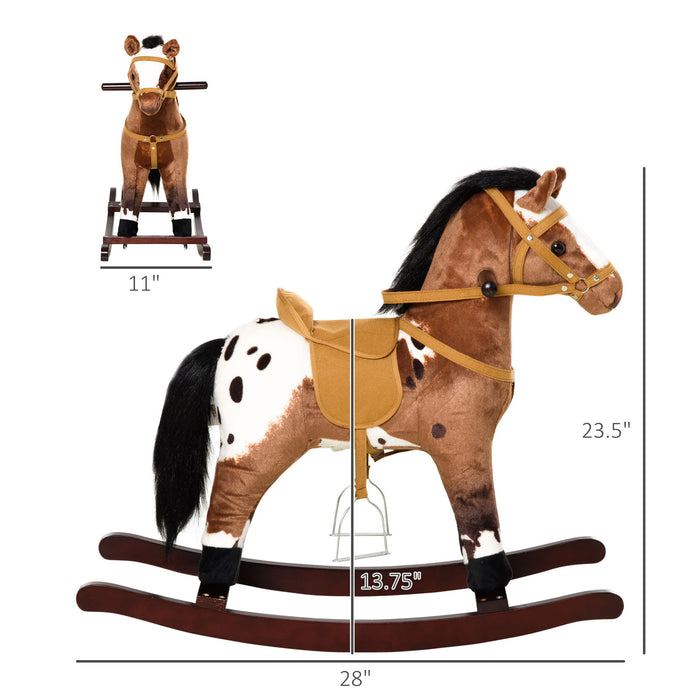 Qaba - Kids Metal Plush Ride-On Rocking Horse Chair Toy With Realistic Sounds - Dark Brown / White