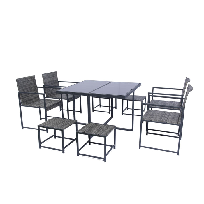 9 Pieces Patio Dining Sets Outdoor Space Saving Rattan Chairs With Glass Table Top Wicker And Cushion - Dark Gray