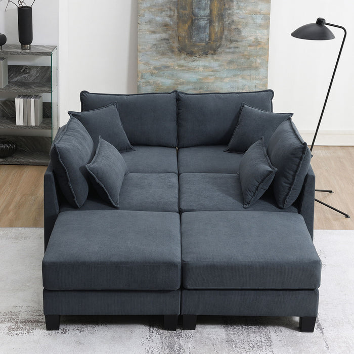 Corduroy Modular Sectional Sofa, U Shaped Couch With Armrest Bags, 6 Seat Freely Combinable Sofa Bed, Comfortable And Spacious Indoor Furniture For Living Room - Gray