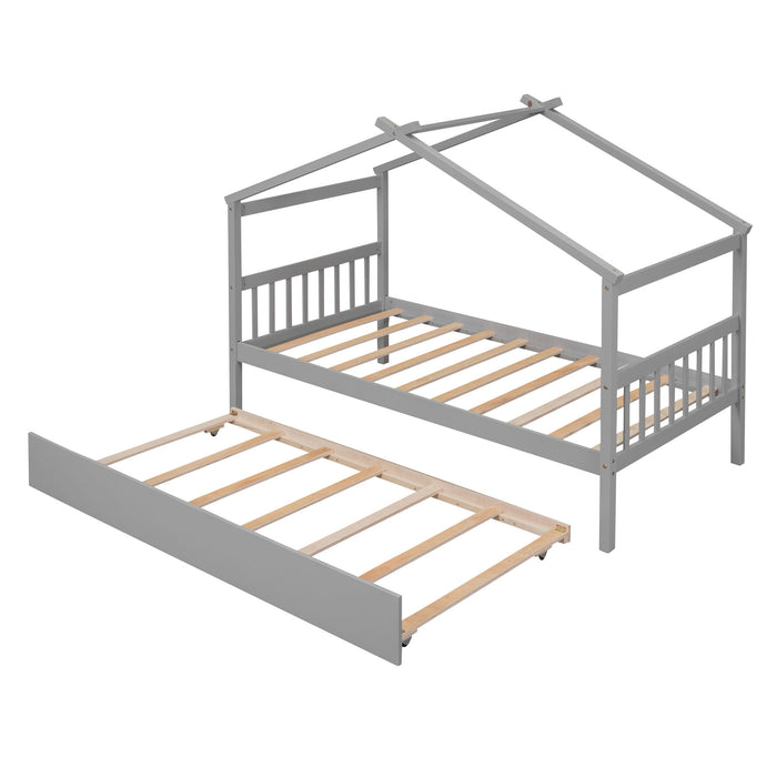 Wooden House Bed With Twin Size Trundle