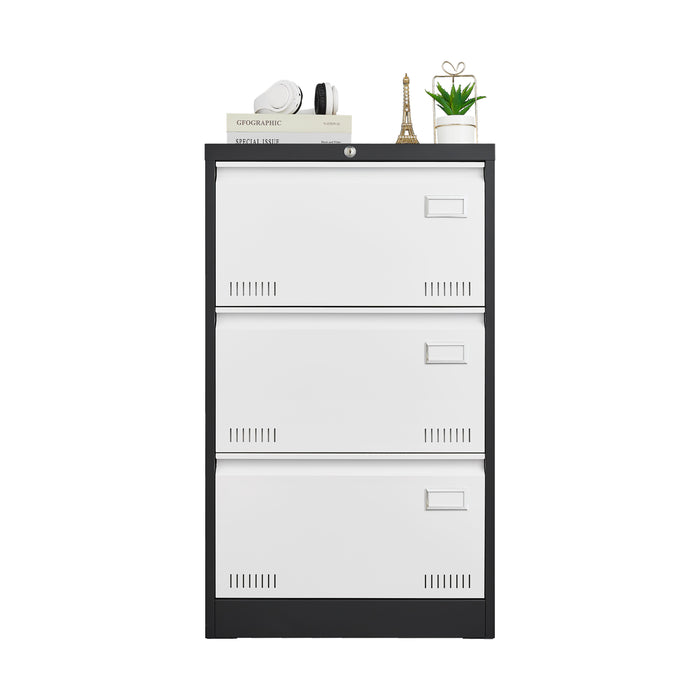 3 Drawer Metal Lateral File Cabinet With Lock, Office Vertical Files Cabinet For Home Office - Black / White