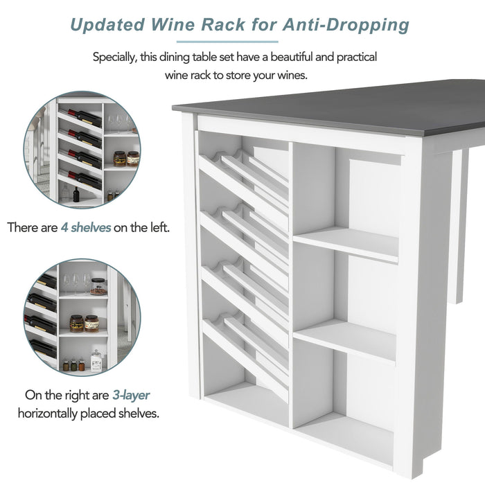 Topmax - 5 Piece Updated Counter Height Solid Wood Dining Table Set, Table With Curved Wine Rack And 4 Upholstered Chairs