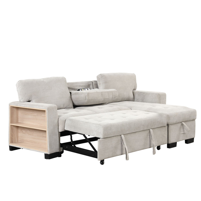 Stylish And Functional Light Chaise Lounge Sectional With Storage Rack Pull-Out Bed Drop Down Table And USB Charger