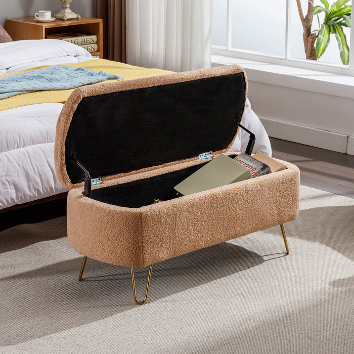 Storage Ottoman Bench For End Of Bed Gold Legs, Modern Camel Faux Fur Entryway Bench Upholstered Padded With Storage For Living Room Bedroom