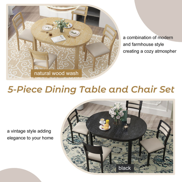 Multifunctional Dining Table Set, Farmhouse Dining Set With Extendable Round Table, Two Small Drawers And 4 Upholstered Dining Chairs For Kitchen And Dining Room