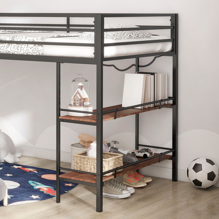 Adam - Junior Twin Loft Bunk Bed With Cinnamon Wood Shelf - Black