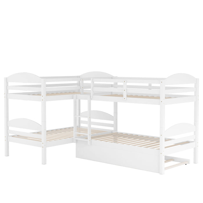 Twin L-Shaped Bunk Bed With Trundle - White