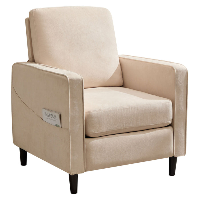 Mid-Century Accent Chair, Modern Linen Armchair For Living Room, Double Side Pockets, , Comfortable And Padded Reading Feature Sofa Chair, Suitable For Bedrooms, Living Rooms, And Offices - Beige