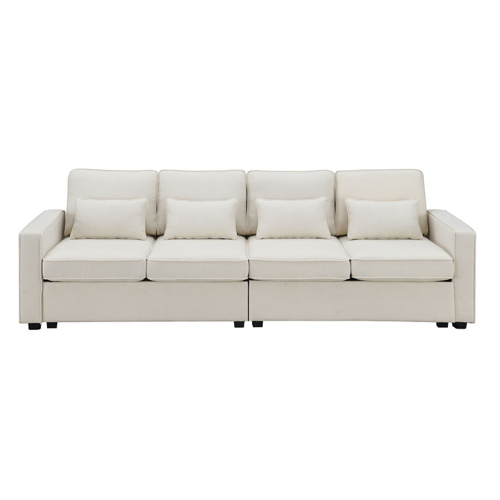 4 Seater Modern Linen Sofa With Armrest Pockets And 4 Pillows, Minimalist Style Couch For Living Room