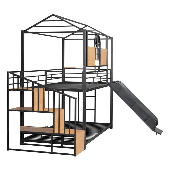 Metal Bunk Bed, Metal Housebed With Slide And Storage Stair