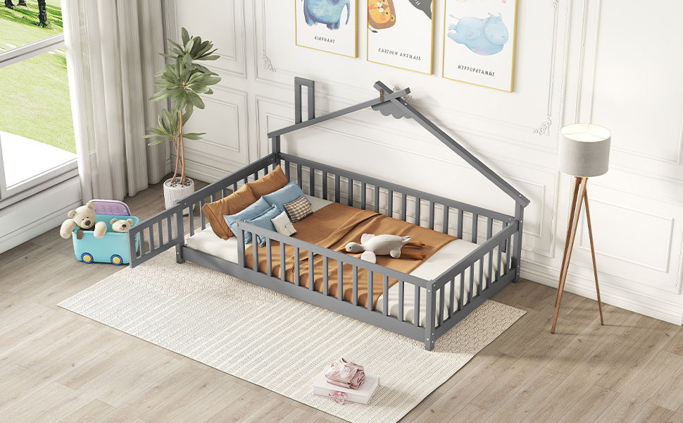 House-Shaped Bedside Floor Bed With Guardrails, Slats, With Door