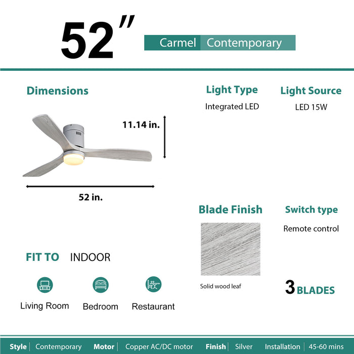 Wooden Ceiling Fan With 18W Led Light 3 Solid Wood Blades Remote Control Reversible Dc Motor For Home