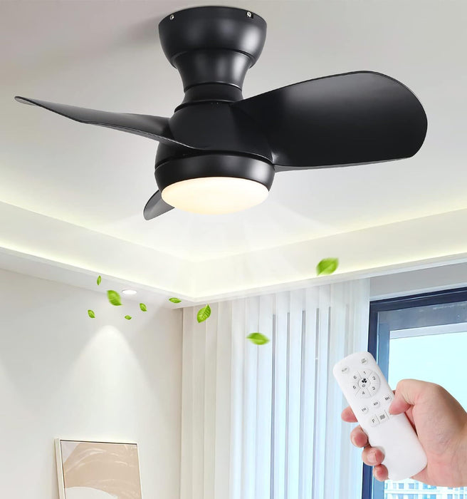 23" Bedroom Ceiling Fan With 3 Color Dimmable 3 ABS Blades Remote Control Dc Motor Black With 18W Led Light