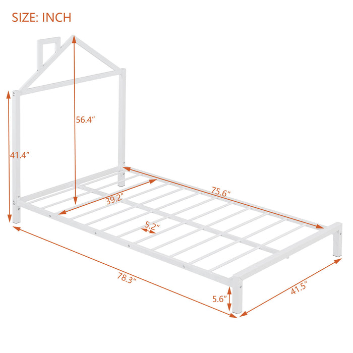 Twin Size Metal Platform Bed With House-Shaped Headboard Design