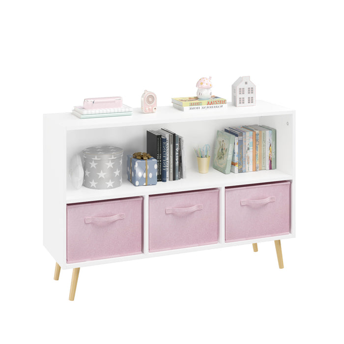 Kids Bookcase With Collapsible Fabric Drawers, Children's Book Display, Toy Storage Cabinet Organizer - White / Pink