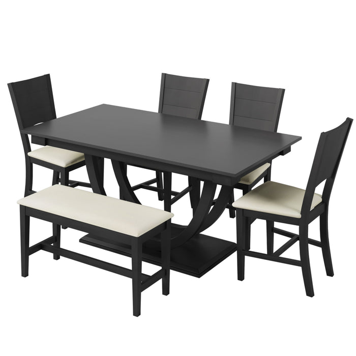 Topmax - 6 Piece Wood Half Round Dining Table Set Kitchen Table Set With Long Bench And 4 Dining Chairs, Modern Style