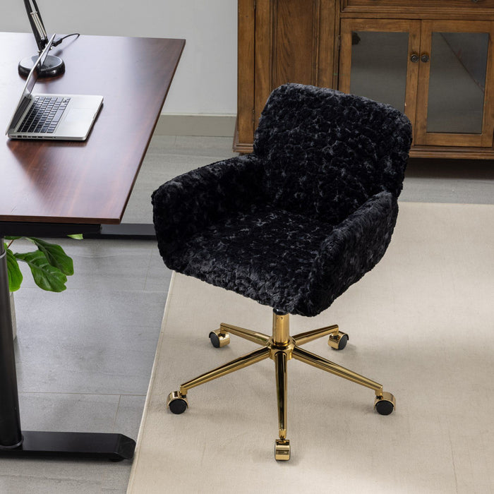 Office Chair, Artificial Rabbit Hair Home Office Chair With Golden Metal Base, Adjustable Desk Chair Swivel Office Chair, Vanity Chair